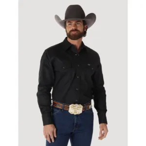 Wrangler® Cowboy Cut® Firm Finish Long Sleeve Western Snap Solid Work Shirt Black